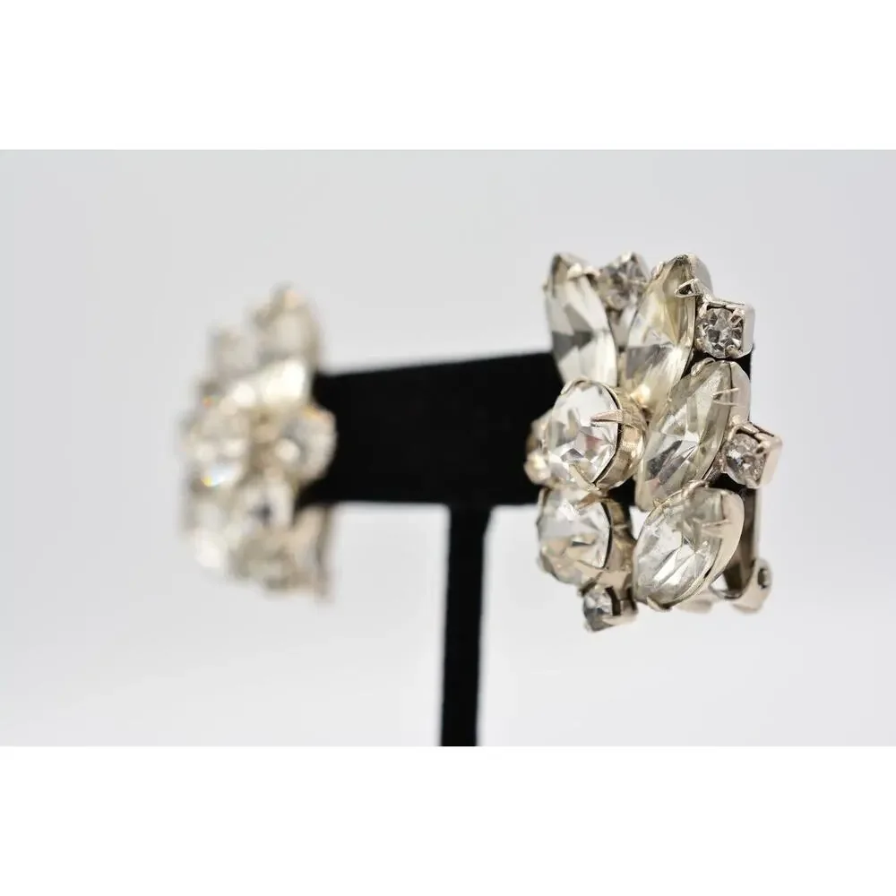 Vintage Crystal Clip Pm Earrings Shiny Rhinestone Marquise Silver 1980s BinAA